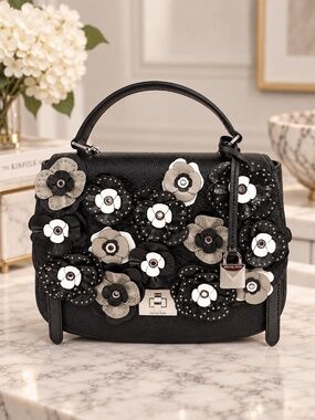 Michael Kors Cassie Floral Applique Black Leather Large Satchel Crossbody Bag
